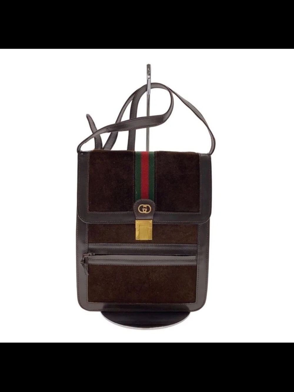 Gucci Brown Leather & Suede Shoulder Bag with Green-Red Web Stripe